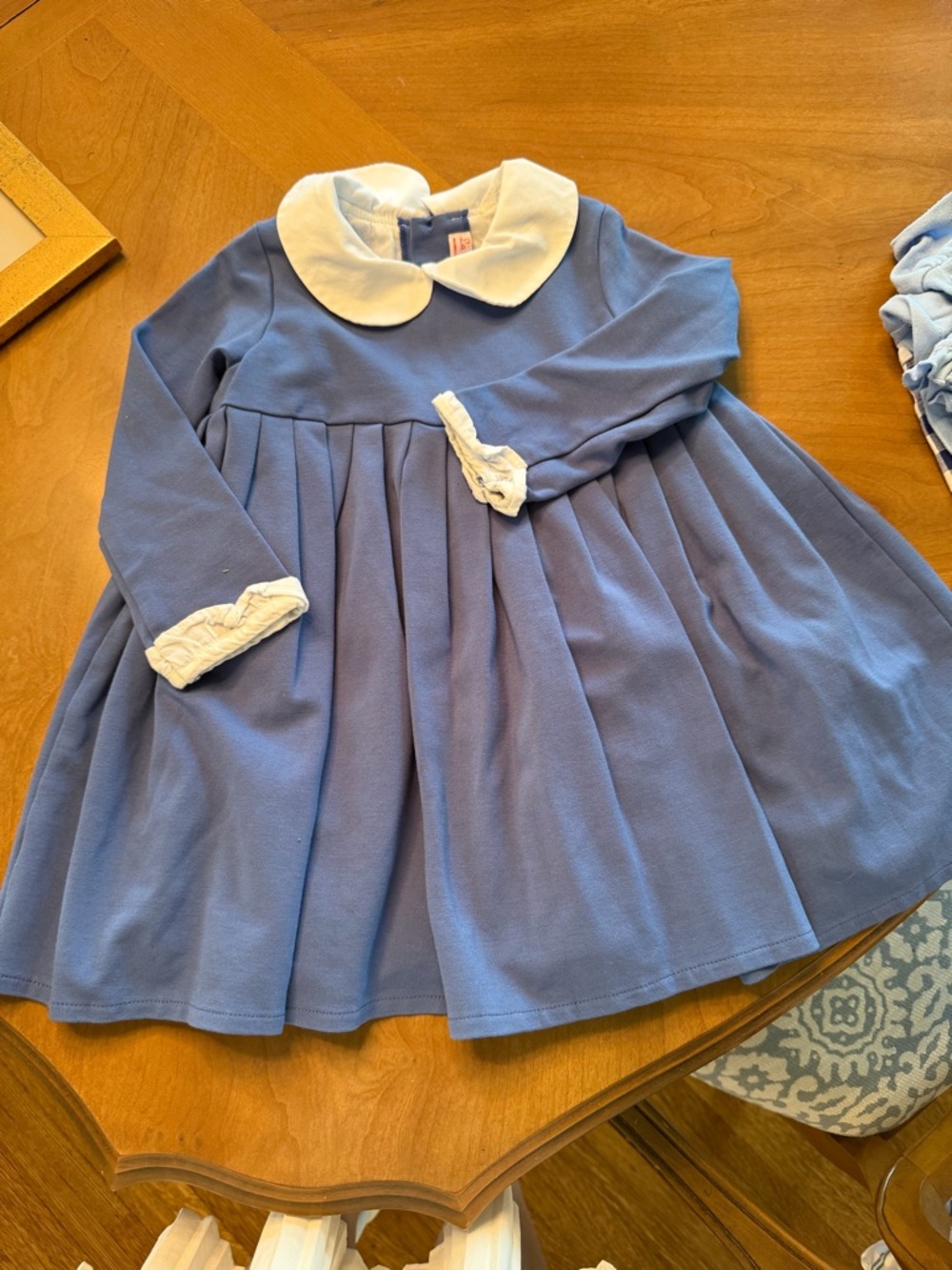 Blue Pleated Long Sleeve Dress with White Peter Pan Collar